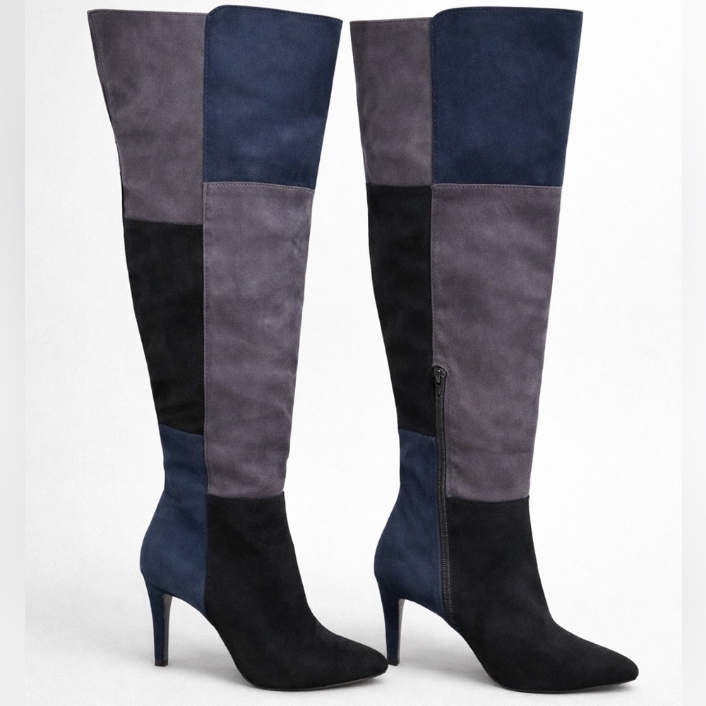 Rialto Patchwork Over-the-Knee Boots Size 7 Blue Gray Black Stiletto
